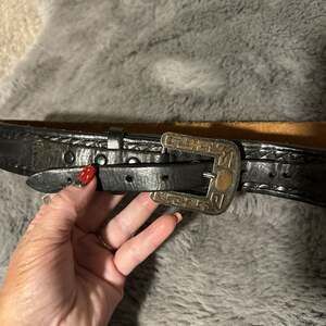 Vintage Hand-Tooled Basketweave Black Leather Ranger Belt with Greek Key Buckle